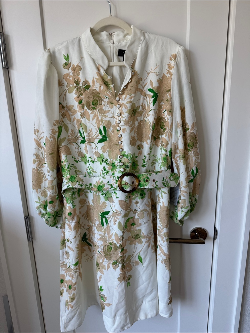 Tahari ASL White Floral Long-Sleeve Button Dress with Belt